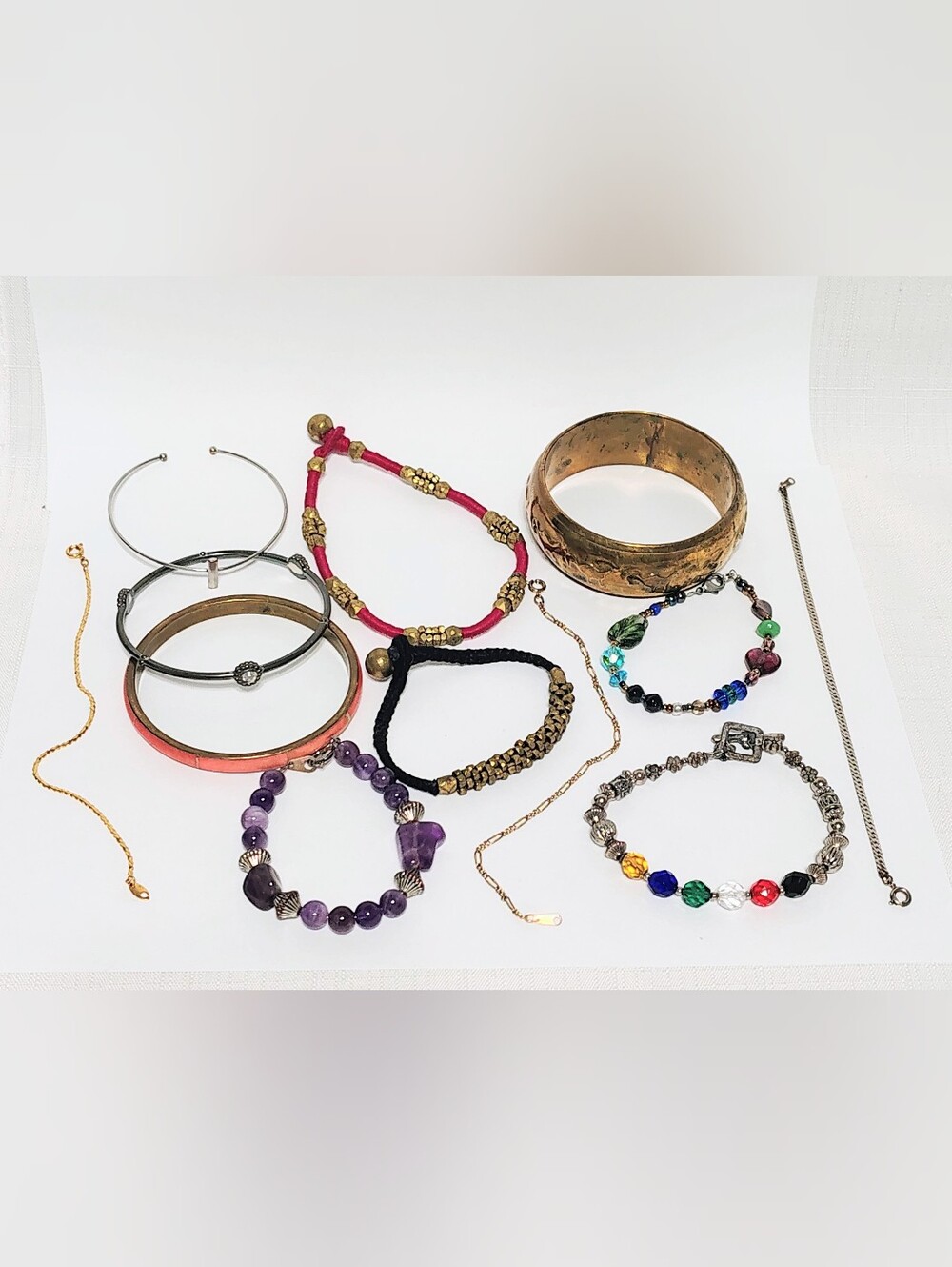12 Vintage Bracelet Lot Bangles Delicate Chain Beaded Amethyst Glass Crystal ++